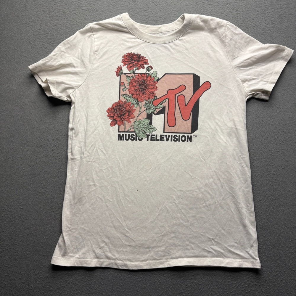MTV Women T-Shirt Cream Cotton Blend Medium Floral Graphic Retro Music Tee